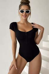 Solid Front Zipper Round Neck Bathing Suit | Dress In Beauty